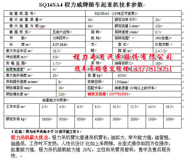 程力16噸吊機(jī)參數(shù)
